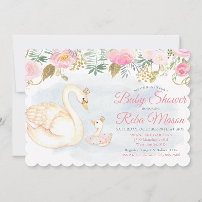 Convite de Chá de Bebê Floral Cisne (Frente)