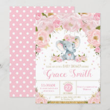 Convite de Chá de Bebê Floral de Elefante Menina