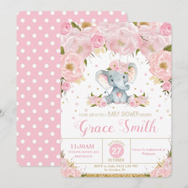 Convite de Chá de Bebê Floral de Elefante Menina (Frente/Verso)