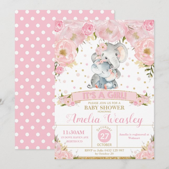 Convite de Chá de Bebê Floral de Elefante Menina (Frente/Verso)