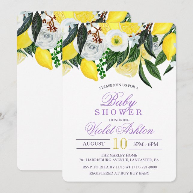 Convite de Chá de Bebê Floral de Limão em Aquarela (Frente/Verso)