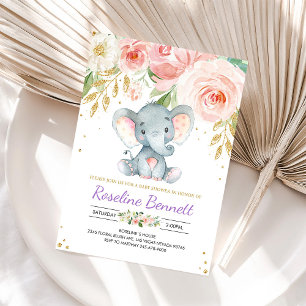 Convite de Chá de Bebê Floral Elefante Roxo