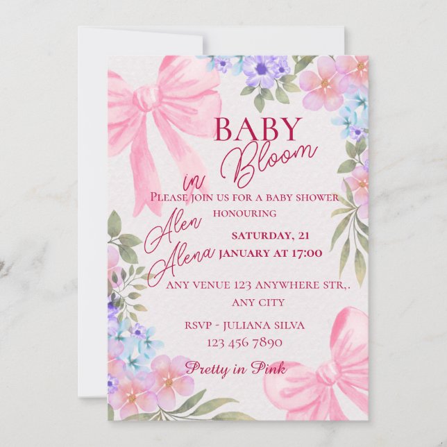 Convite de chá de bebê floral em aquarela (Frente)