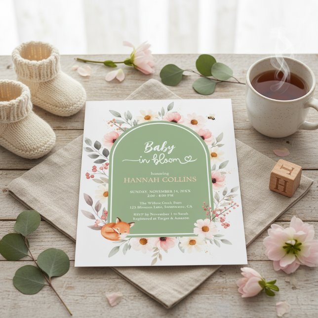 Convite de Chá de Bebê Floral em Verde Sálvia com  (Soft pastel baby in bloom woodland design)