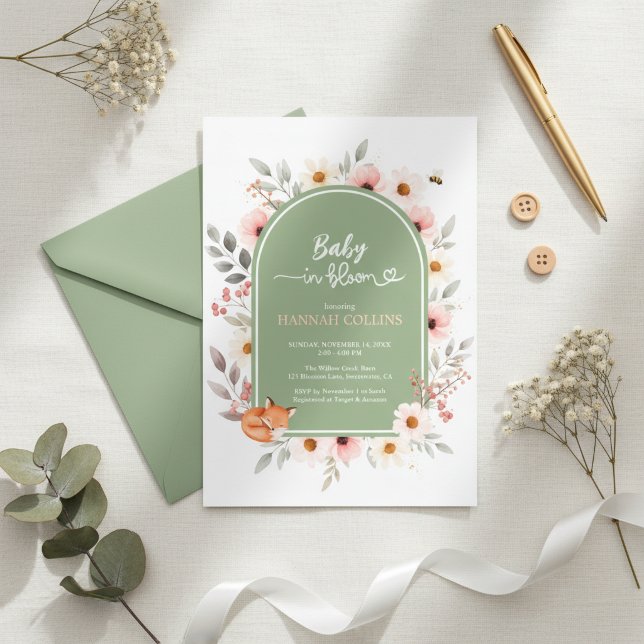 Convite de Chá de Bebê Floral em Verde Sálvia com  (Rustic woodland baby in bloom theme)