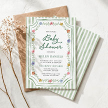 Convite de Chá de Bebê Floral Listrado Verde