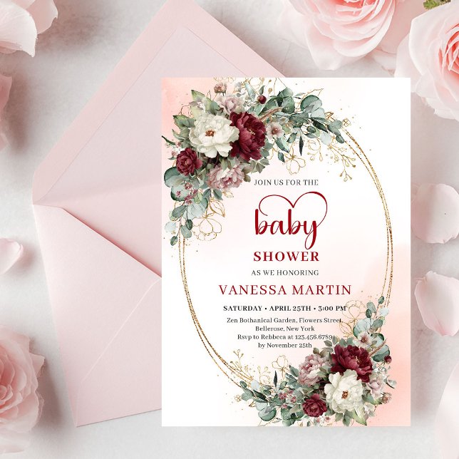Convite de Chá de Bebê Floral Marrom Bonito em Dou (Pretty Maroon Floral Gold Baby Shower Invite)
