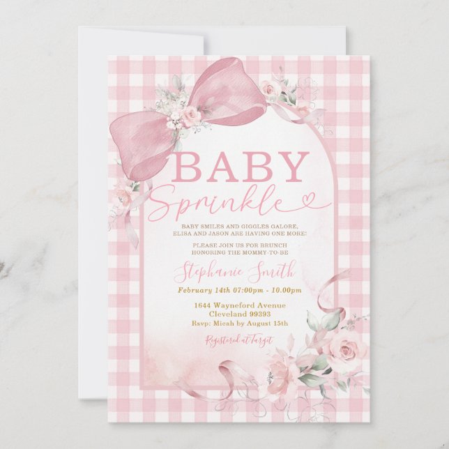 Convite de Chá de Bebê Floral Menina com Laço Rosa (Frente)