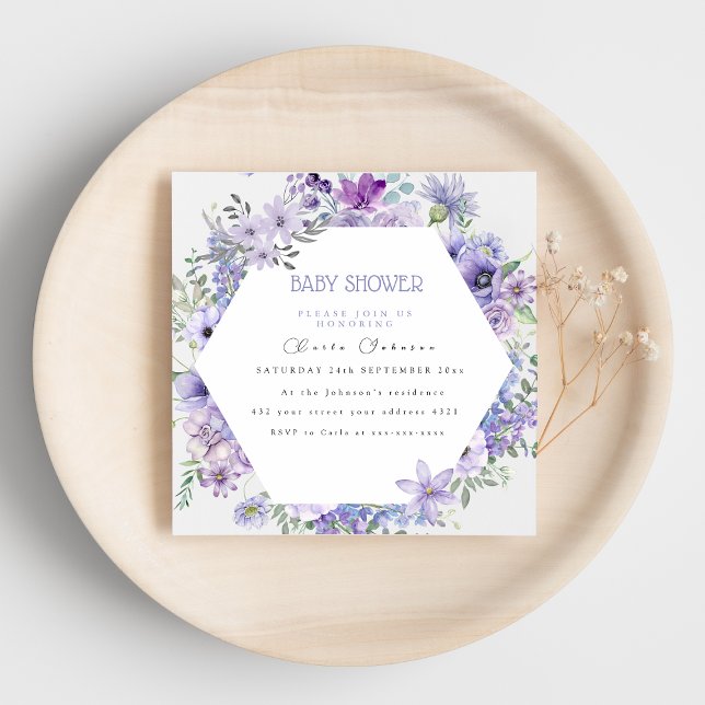 Convite de chá de bebê floral roxo lilás   (Criador carregado)