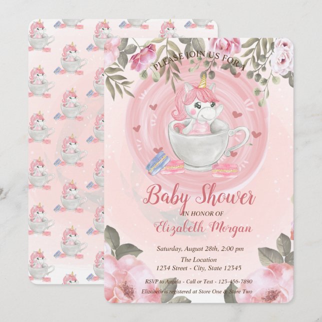 Convite de Chá de Bebê Floral Unicórnio Fofo (Frente/Verso)