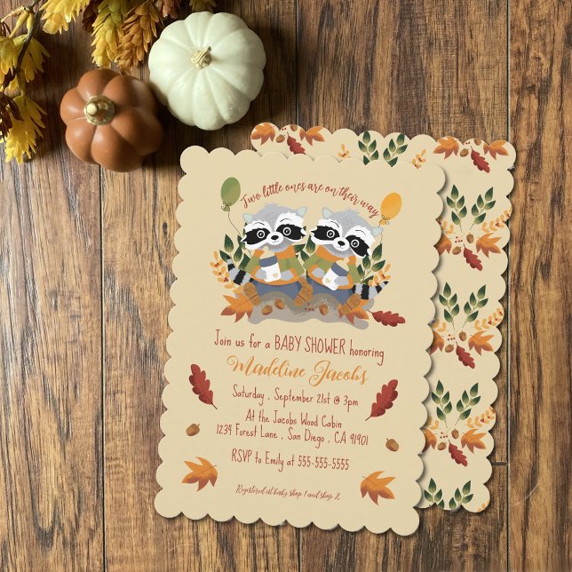 Convite de Chá de Bebê Floresta dos Guaxinins Gême (Adorable raccoons autumn baby shower invitation for twin boys or girls .)