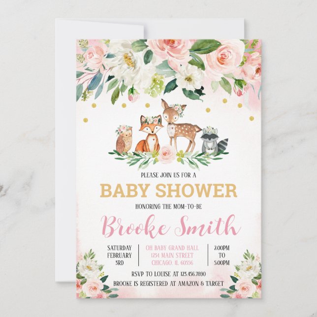 Convite de Chá de Bebê Floresta para Menina (Frente)