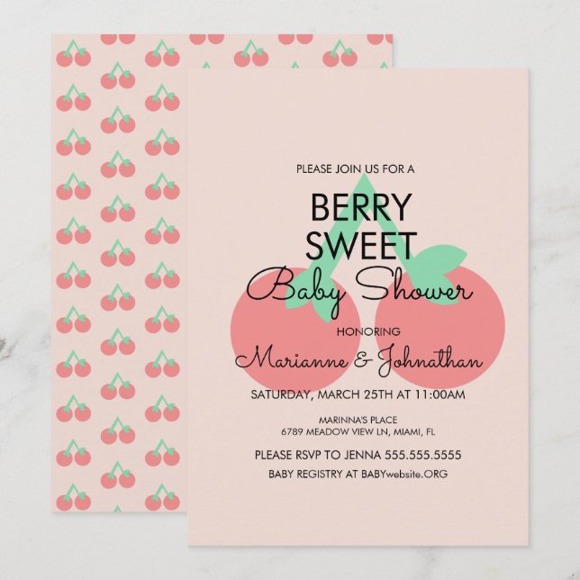 Convite de Chá de Bebê Frutas Cerejas Doces Rosa (Frente/Verso)