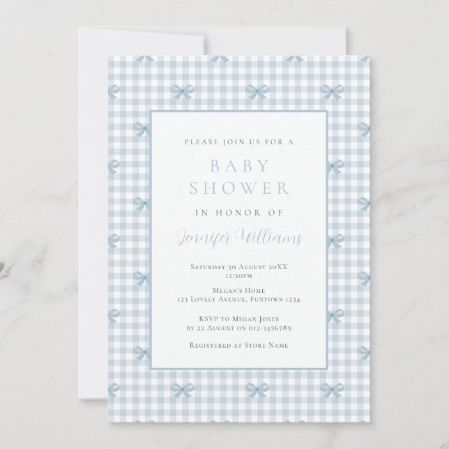 Convite de Chá de Bebê Gingham Coquette Blue Boy (Frente)