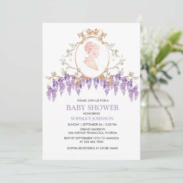 Convite de Chá de Bebê Grandmillennial Wisteria (Em pé/Frente)