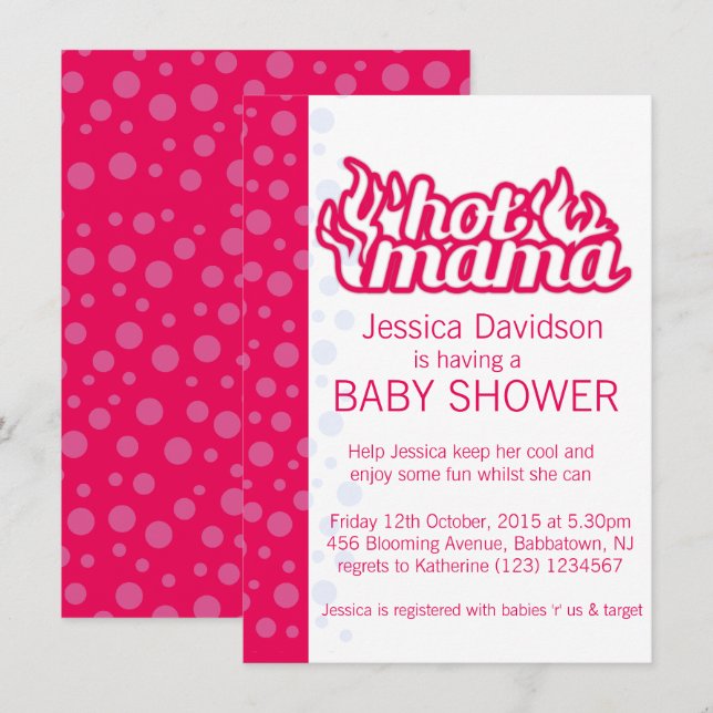 Convite de chá de bebê hot mama com pontos azuis e (Frente/Verso)