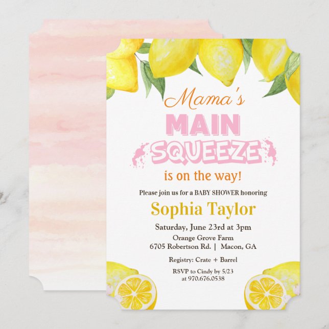 Convite de Chá de Bebê Lemon Main Squeeze (Frente/Verso)