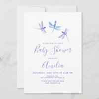 Convite de Chá de Bebê Libélula Aquarela Roxo Azul