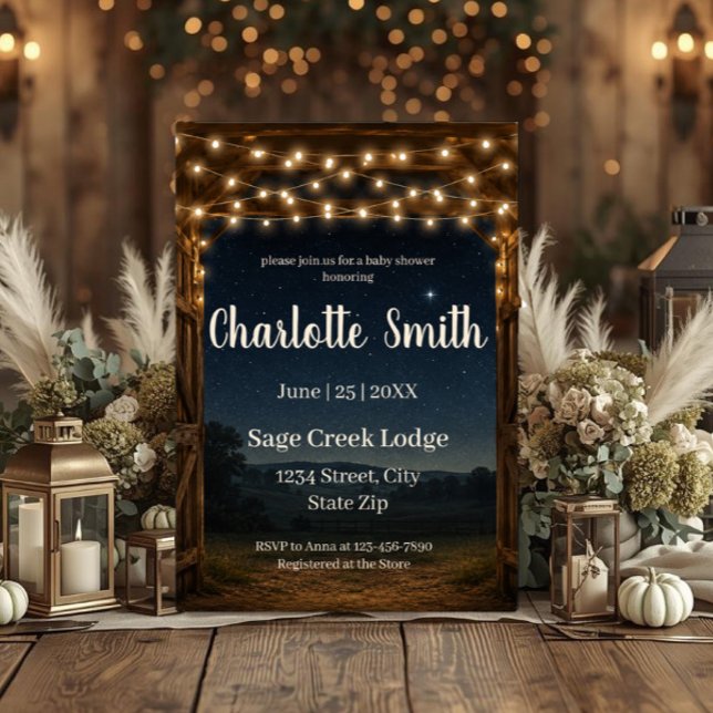 Convite de Chá de Bebê Luzes de Celeiro Rústico (Rustic barn baby shower invitation with string lights, starry sky, farmhouse charm & custom details.)