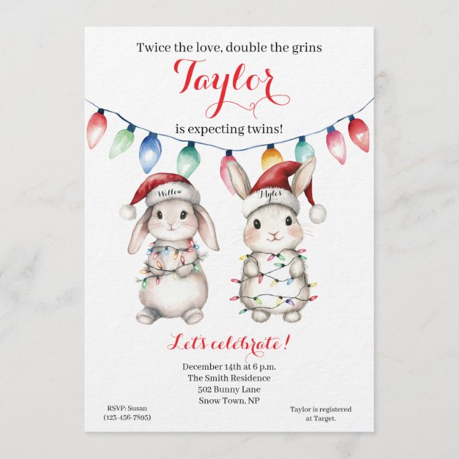 Convite de Chá de Bebê Luzes de Natal para Gêmeos (Frente)