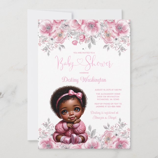 Convite de Chá de Bebê Menina Afro Rosa Prata  (Frente)