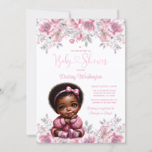 Convite de Chá de Bebê Menina Afro Rosa Prata