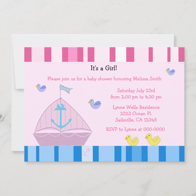 Convite de Chá de Bebê Menina com Barco à Vela e Â (Frente)