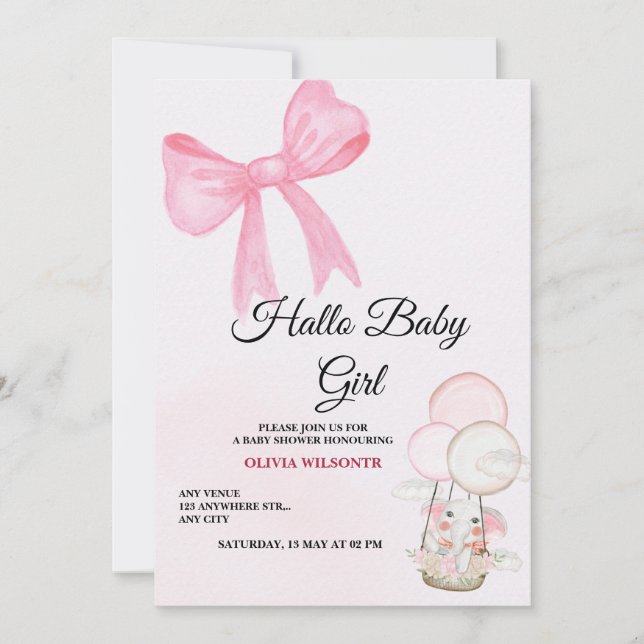 Convite de Chá de Bebê Menina com Laço Rosa (Frente)