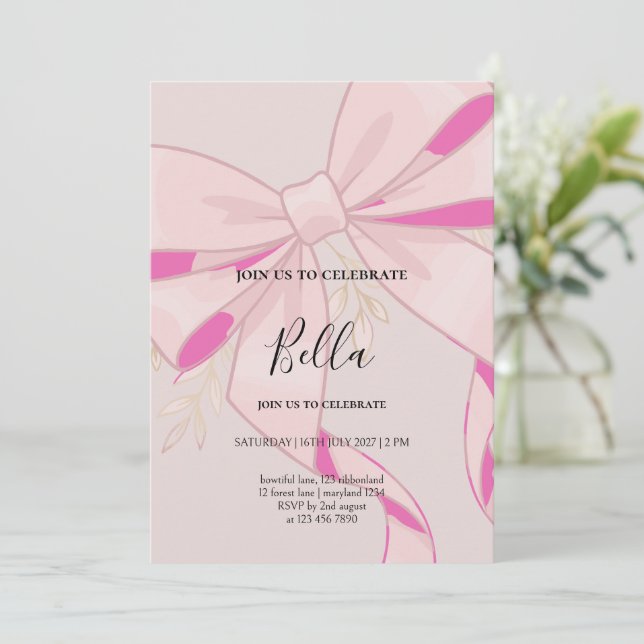 Convite de Chá de Bebê Menina com Laço Rosa (Em pé/Frente)
