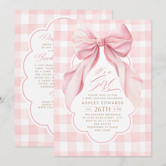 Convite de Chá de Bebê Menina com Laço Rosa e Xadr (Frente/Verso)