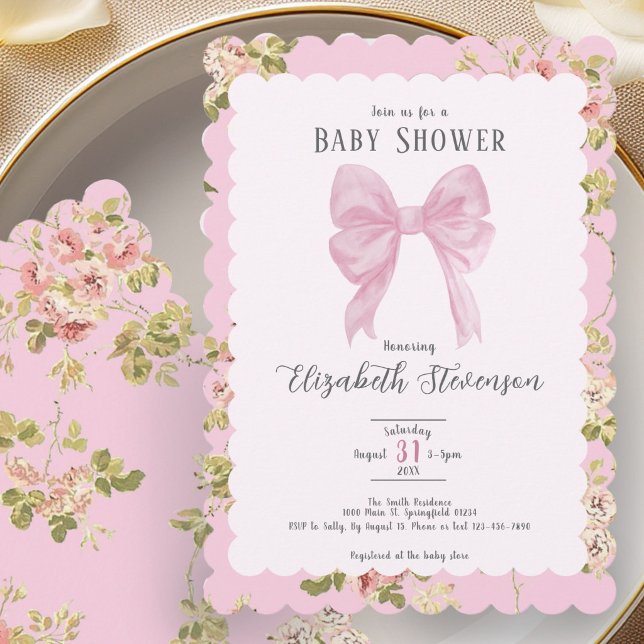 Convite de Chá de Bebê Menina com Laço Rosa Elegan (Criador carregado)