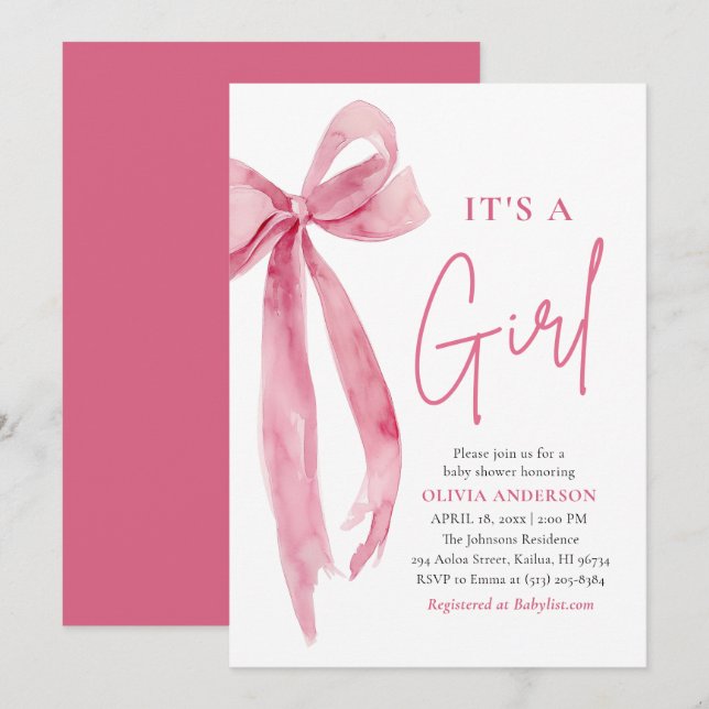 Convite de Chá de Bebê Menina com Laço Rosa Modern (Frente/Verso)