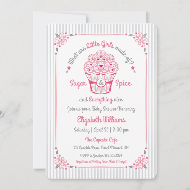 Convite de Chá de Bebê Menina Cupcake Açúcar e Tem (Frente)
