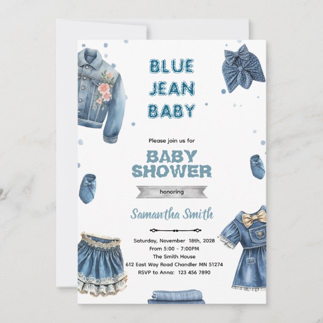 convite de chá de bebê menina de jeans azul (Frente)