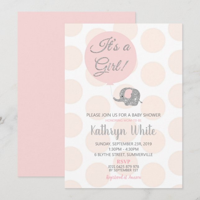 Convite de Chá de Bebê Menina Elefante Prata Blush (Frente/Verso)