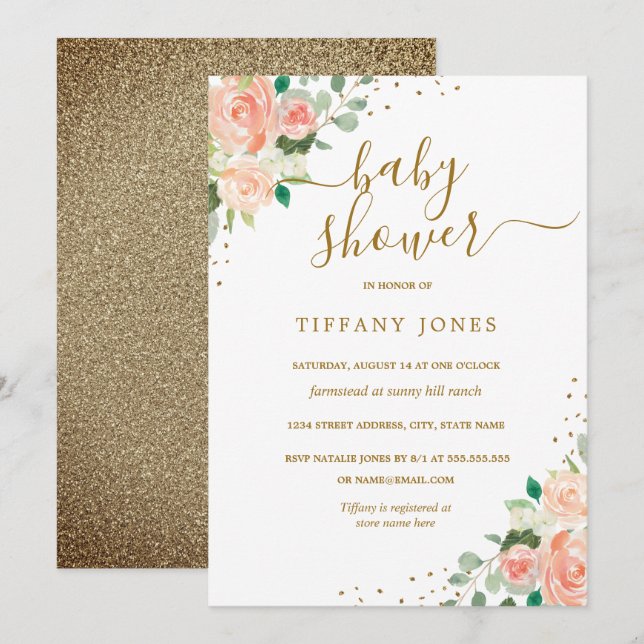 Convite de Chá de Bebê Menina Flor de Pêssego com  (Frente/Verso)