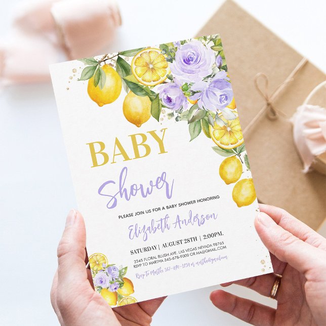 Convite de Chá de Bebê Menina Floral Citrino Roxo (Criador carregado)