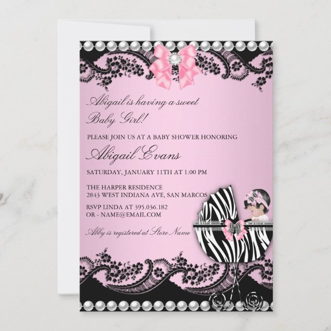 Convite de Chá de Bebê Menina Fofa Zebra com Renda (Frente)