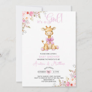 Convite de chá de bebê menina girafa rosa floral.