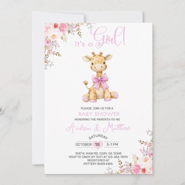Convite de chá de bebê menina girafa rosa floral. (Frente)