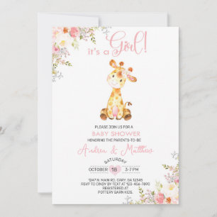 Convite de chá de bebê menina girafa rosa floral.