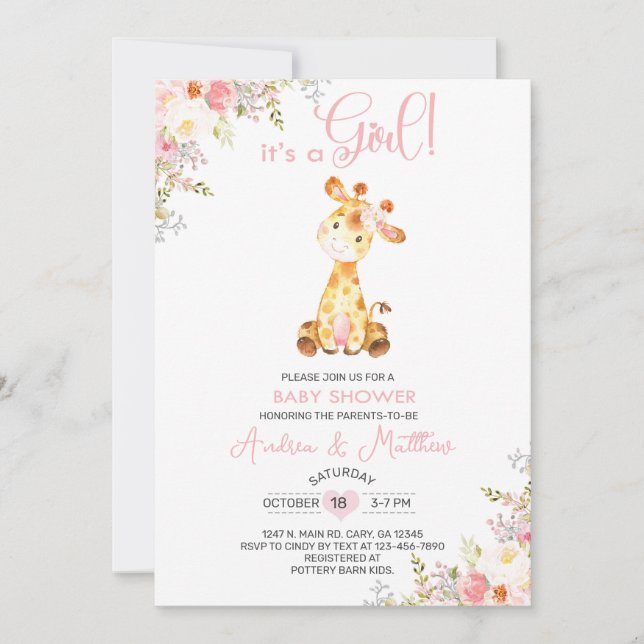 Convite de chá de bebê menina girafa rosa floral. (Frente)