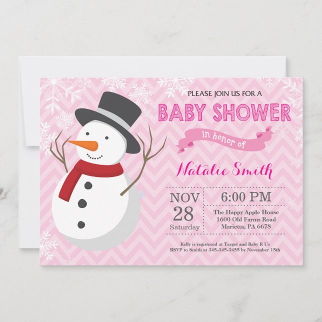 Convite de Chá de Bebê Menina Homem de Neve Rosa d (Frente)