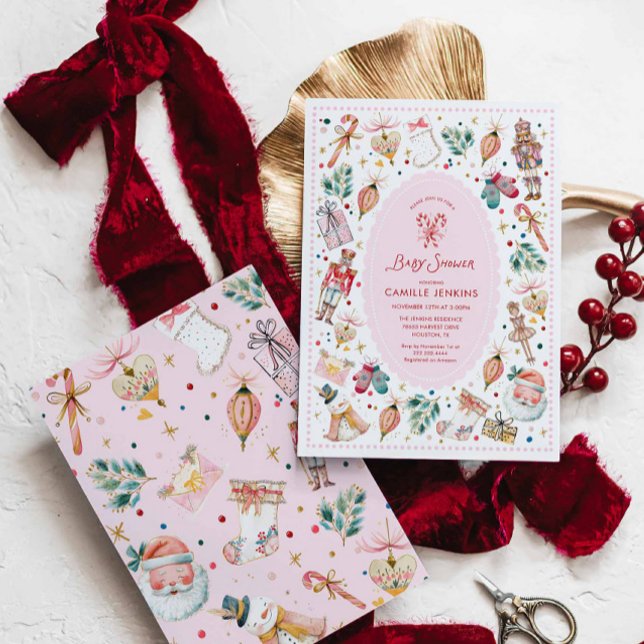 Convite de Chá de Bebê Menina Inverno Rosa (Pink Christmas Girl Baby Shower Invitation)
