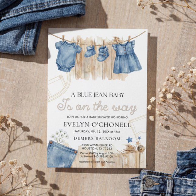 Convite de Chá de Bebê Menina Jeans Azul (Criador carregado)