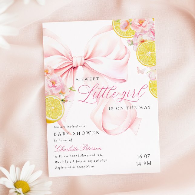 Convite de Chá de Bebê Menina Limão com Laço Rosa  (Criador carregado)