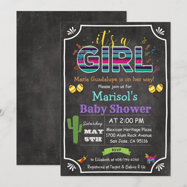 Convite de Chá de Bebê Menina Mexicana Fiesta (Frente/Verso)