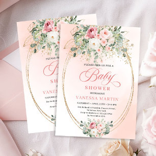 Convite de Chá de Bebê Menina Rosa Bege Elegante e