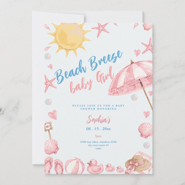 convite de chá de bebê menina rosa brisa da praia (Frente)
