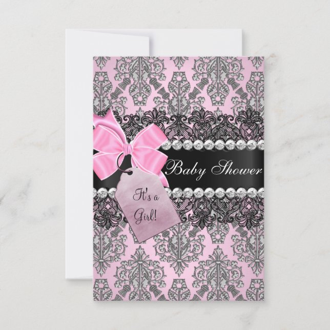Convite de Chá de Bebê Menina Rosa Damask & Renda (Frente)